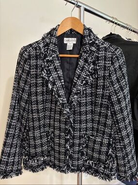 Black & White Tweed Fringe-Trim Blazer by CARLUCCI Women's size Medium